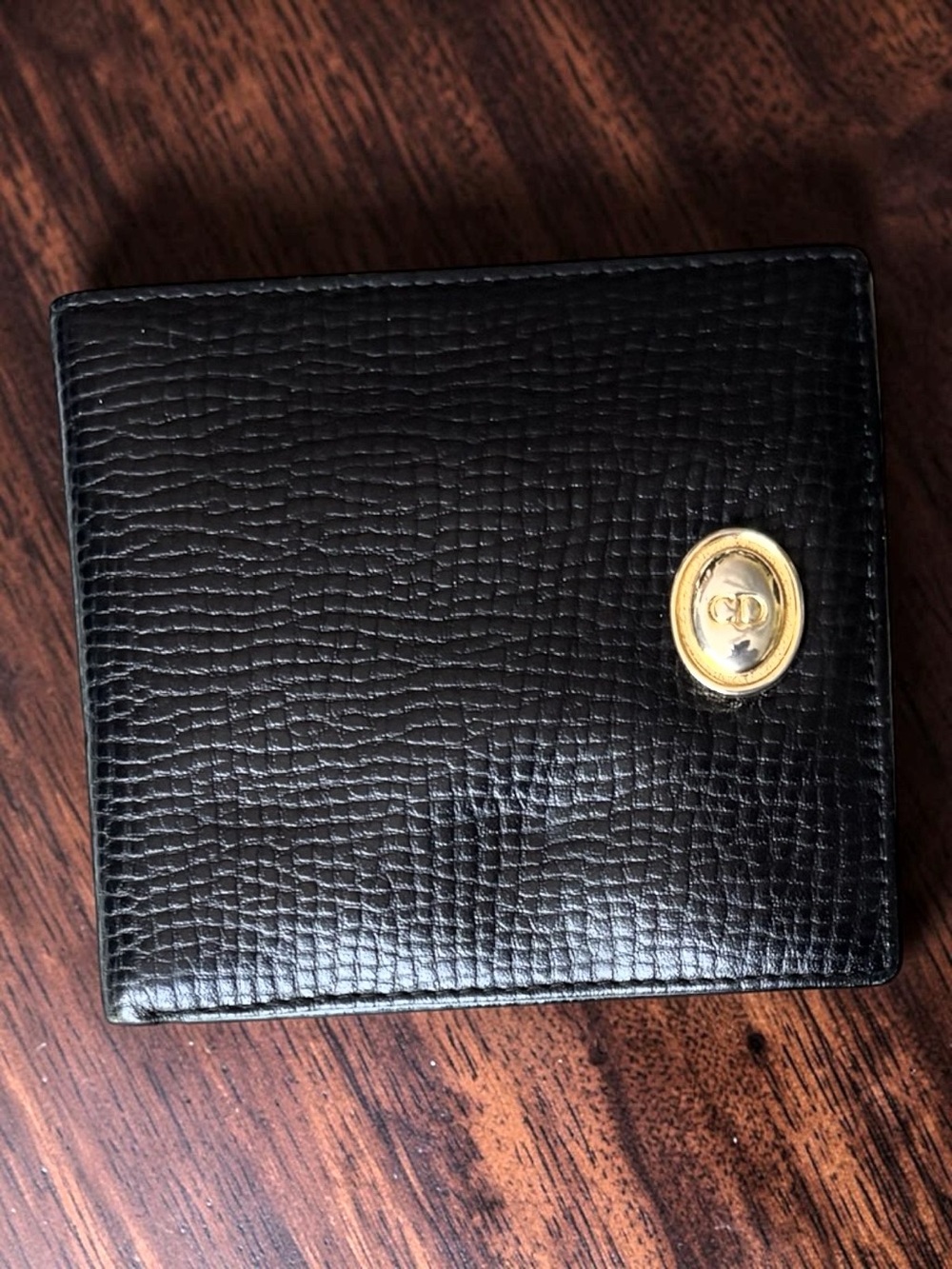 Christian Dior Paris Vintage Black Embossed Leather Bifold Wallet Gold CD Turn L